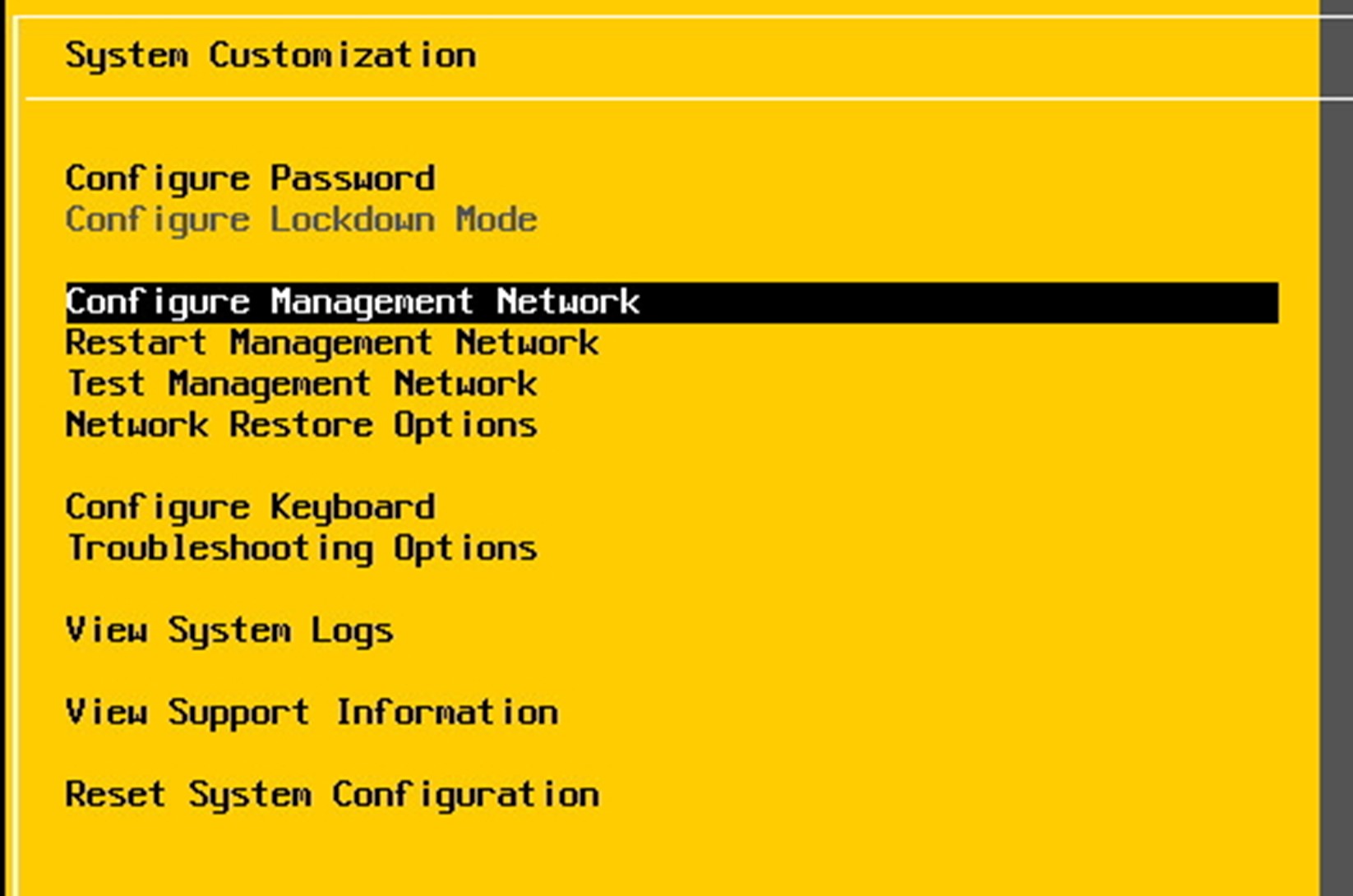 Écran de configuration réseau ESXi