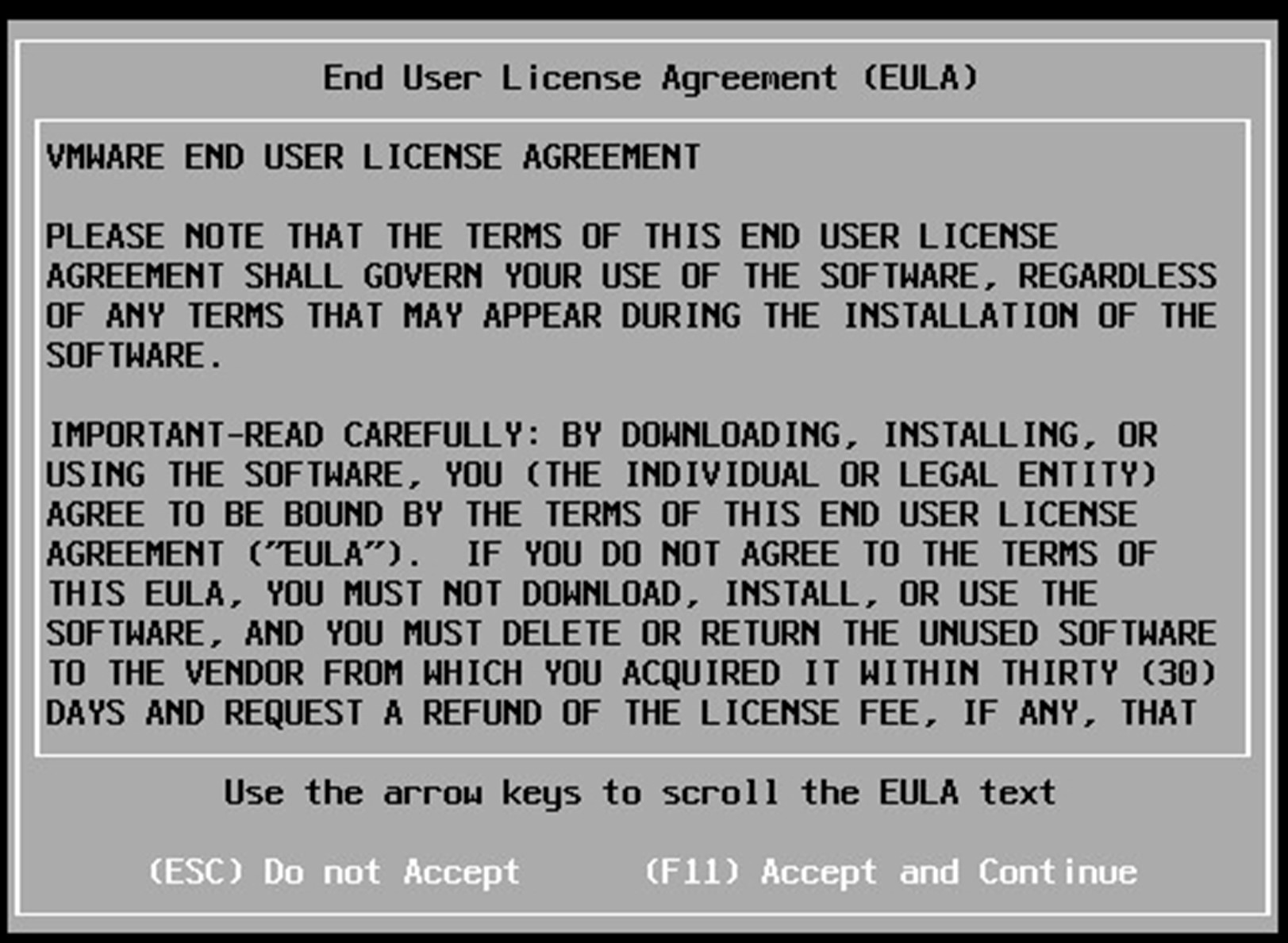 Écran du contrat de licence ESXi, appuyer sur F11 pour accepter
